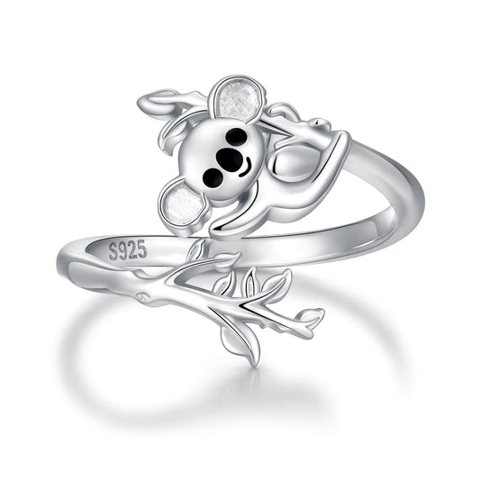 Zepmais 925 Sterling Silver Animal Ring - Adjustable Open Owl Axolotl Rings with Heart Cubic Zirconia Opal Cute Animals Jewelry Gifts for Women (Koala)
