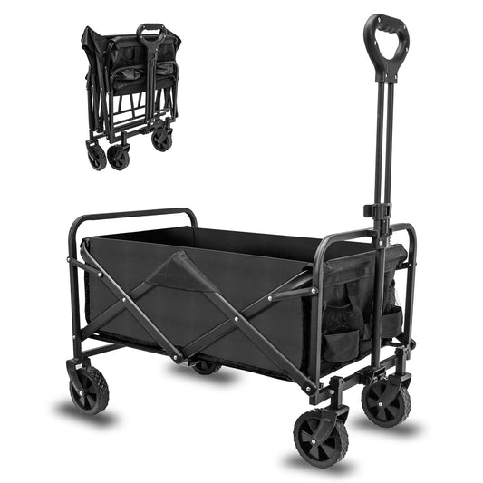 TWOCORN Collapsible Foldable Wagon, Heavy Duty with Wheels, Utility Folding Grocery Wagon for Outdoor Activities (Black)