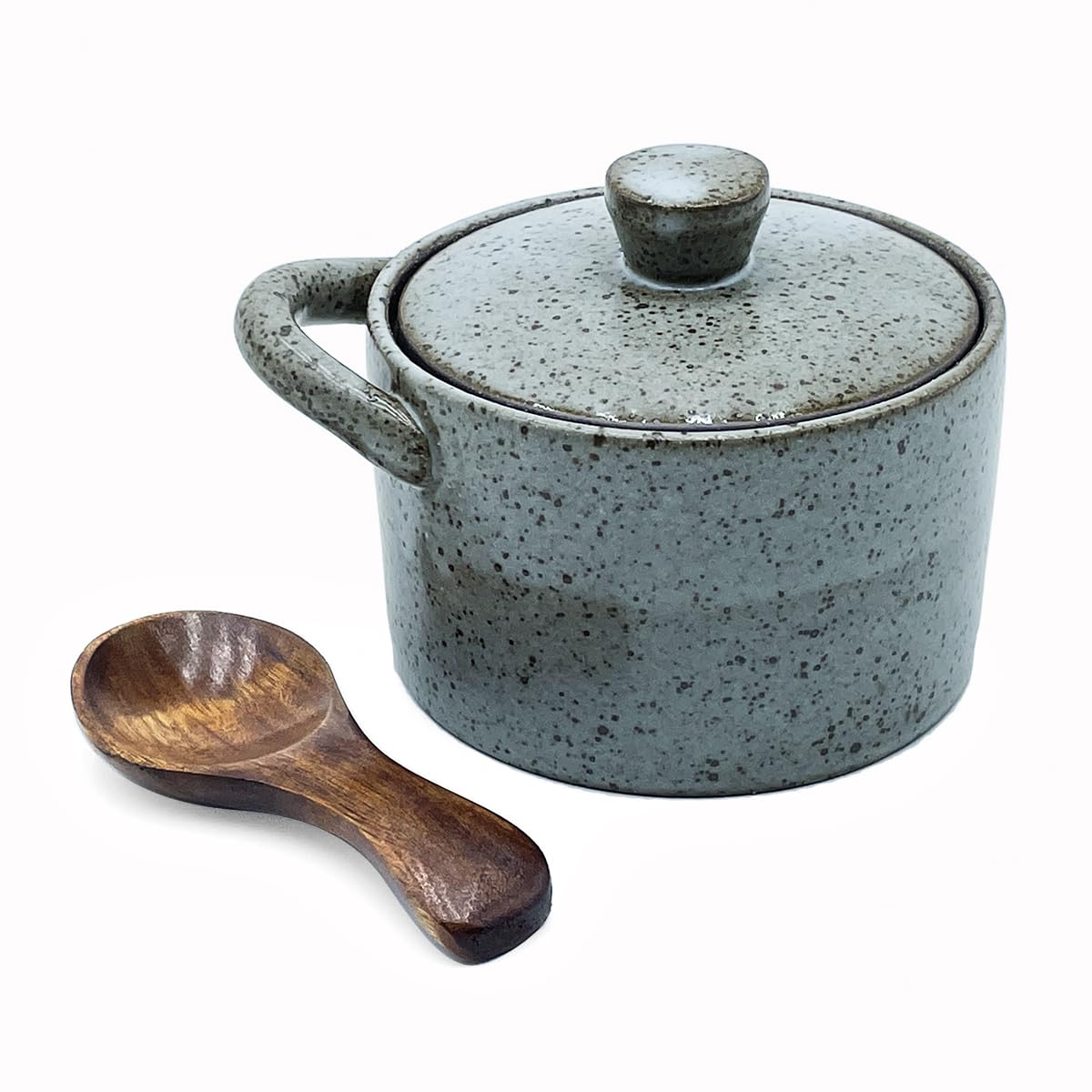 YILUSHENGHUA 8 oz Ceramic Salt Cellar with Lid & Wooden Spoon,Countertop Salt Container,Sugar Bowl,Spices Jar| Artisan Kitchen Decor(Gray)