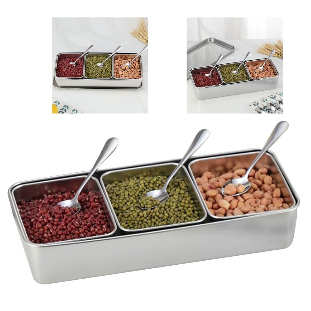 Anu Limen Stainless Steel Condiment Pots 3 Compartment – Spice Storage Box with Lid and 3Pcs Spoons for Salt, Sugar, Peppers 12.99x5.91x2.56 In