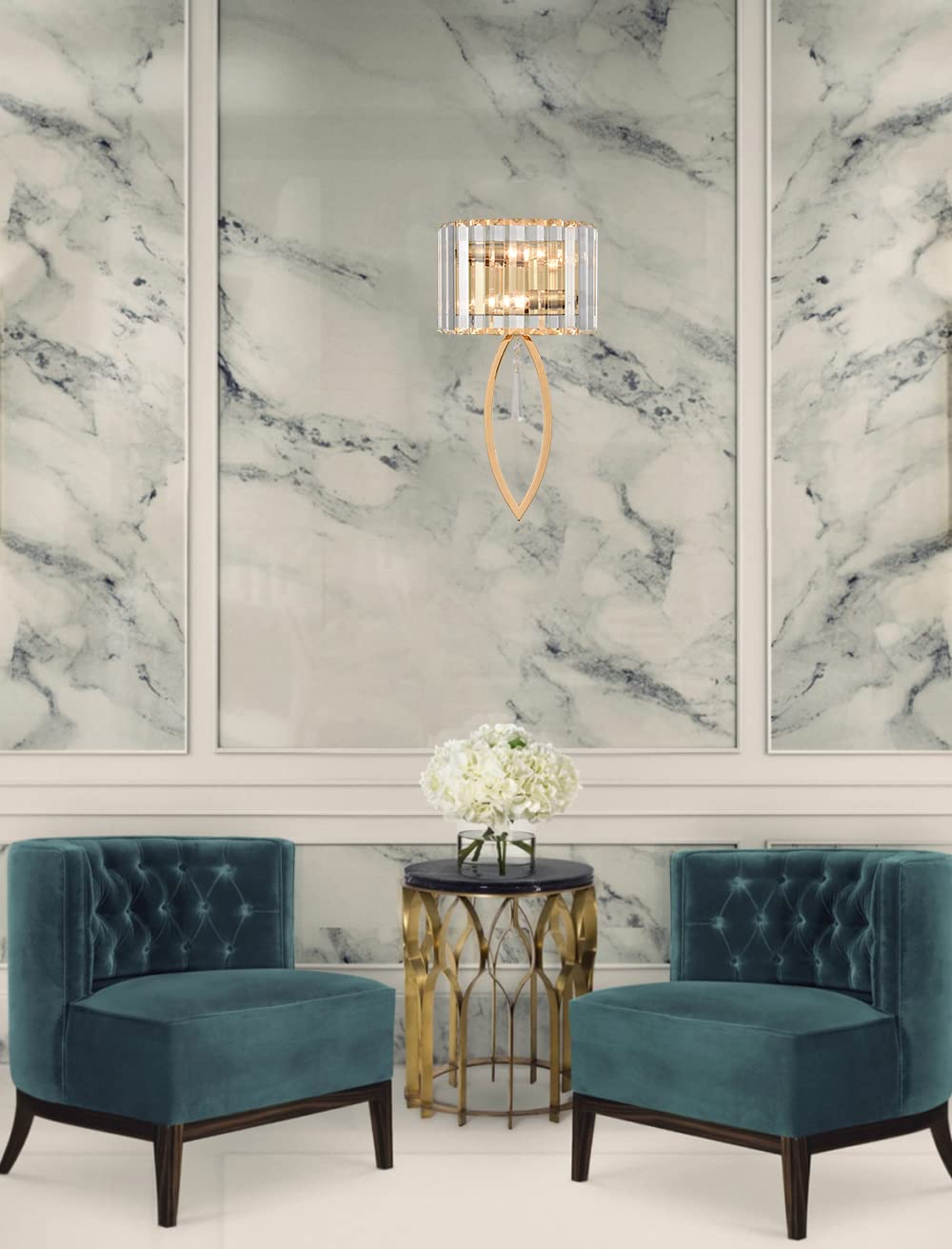 CLAXY Mid Century Wall Sconces, 2-Light Elegant Crystal Gold Wall Light for Bathroom Bedroom Hallway