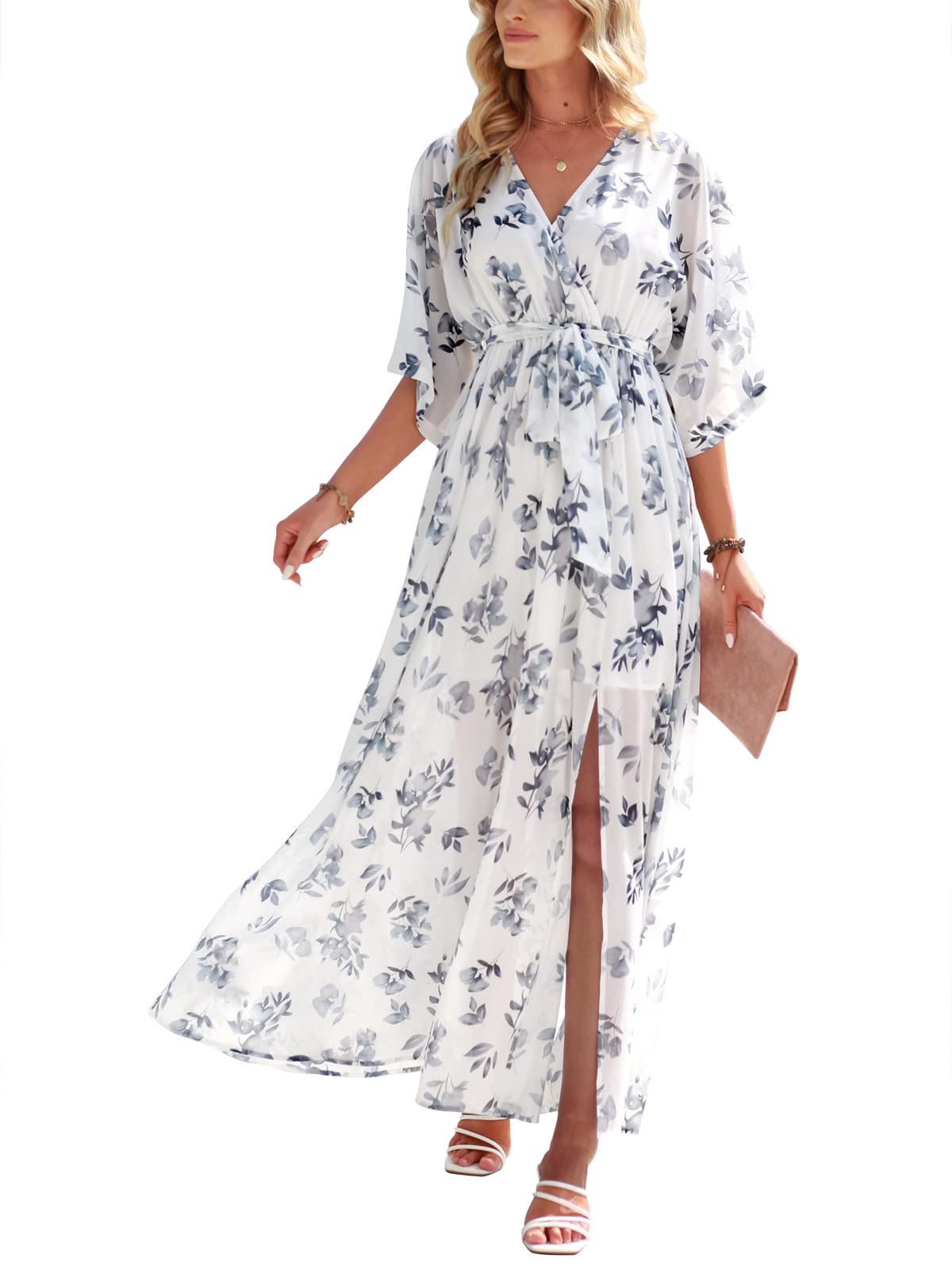 ANRABESS Womens 1/2 Sleeve Beach Wedding Guest Maxi Dresses 2025 Fall Wrap V Neck Boho Floral Flowy Slit Long Summer Dresses
