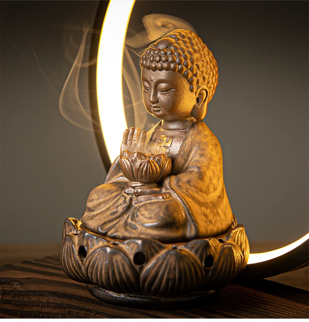 Ceramic Buddha Incense Burner Waterfall Chinese Backflow Incense Burner Holder with LED Light Incense Cones for Home Office Decor (Brown)