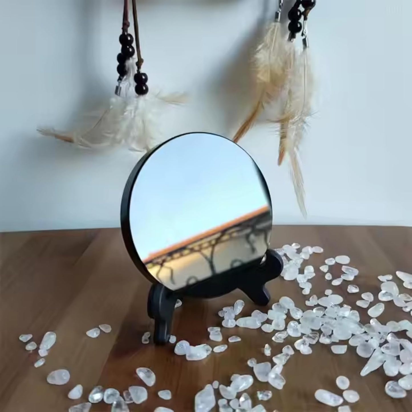 CRYSTALSTILE Black Obsidian Scrying Mirror 3.94 in with Wooden Stand, Premium Quality Obsidian Mirror for Meditation, Witchcraft, Divination and Spiritual Practices (100 mm)