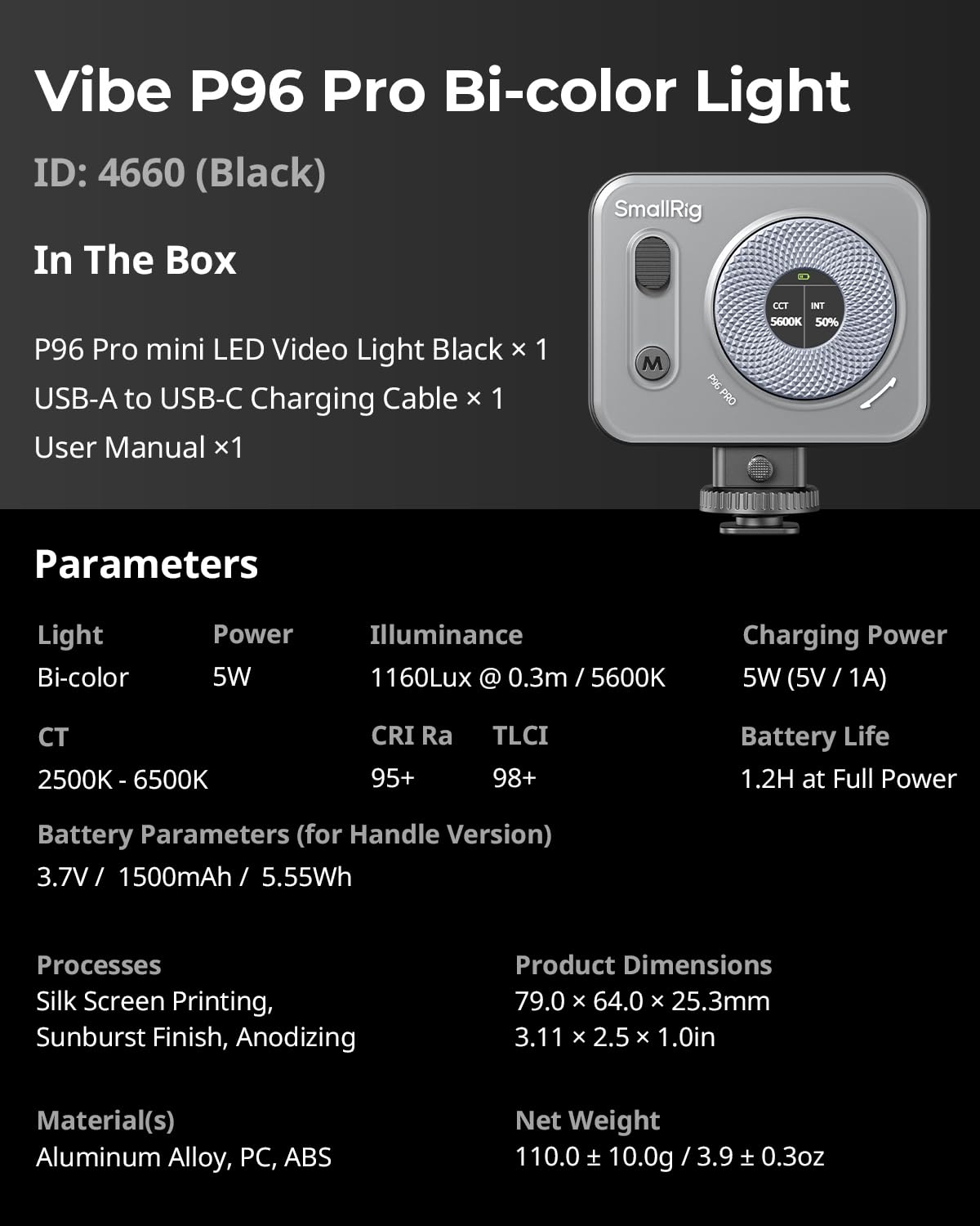 SMALLRIG Vibe P96 Pro Led Video Light, Portable Camera Light for Photography, Cold Shoe Light, CRI95+, 2500-6500K, 5 Effects, Fill Light Accessories for Content Creator, Streaming Black