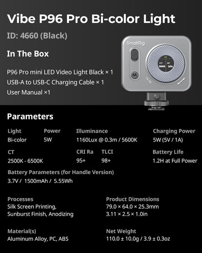 SMALLRIG Vibe P96 Pro Led Video Light, Portable Camera Light for Photography, Cold Shoe Light, CRI95+, 2500-6500K, 5 Effects, Fill Light Accessories for Content Creator, Streaming Black