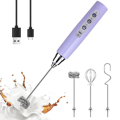 YUSWKO Black Handheld Milk Frother Wand for Coffee, Rechargeable Electric Whisk with 3 Heads 3 Speeds Drink Mixer Coffee Frother For Latte, Cappuccino, Hot Chocolate, Egg