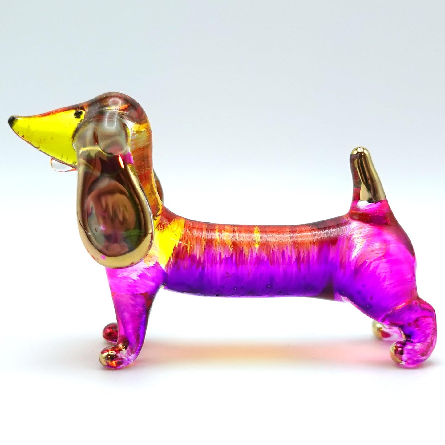 Sansukjai Dachshund Miniature Figurines Dog Animals Hand Blown Glass Art Gold Trim Collectible Gift Decorate (Pink Yellow)