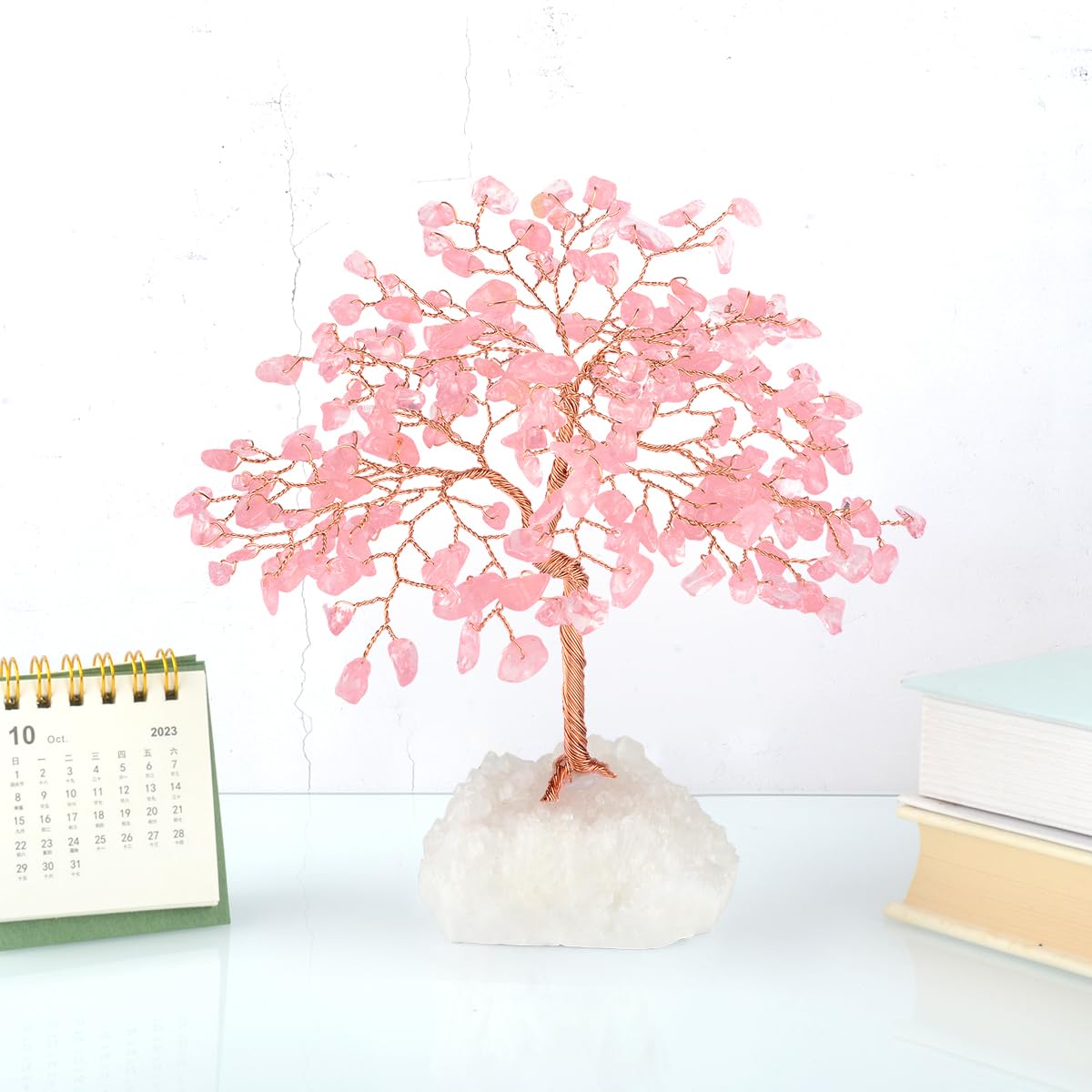 MASGEMES Gemstone Crystal Tree of Life,Natural Rose Quartz Clear Quartz Cluster Base,Healing Crystal Positive Energy Bonsai Feng Shui Money Tree Home Decor for Luck and Wealth 5.5"-6.3"