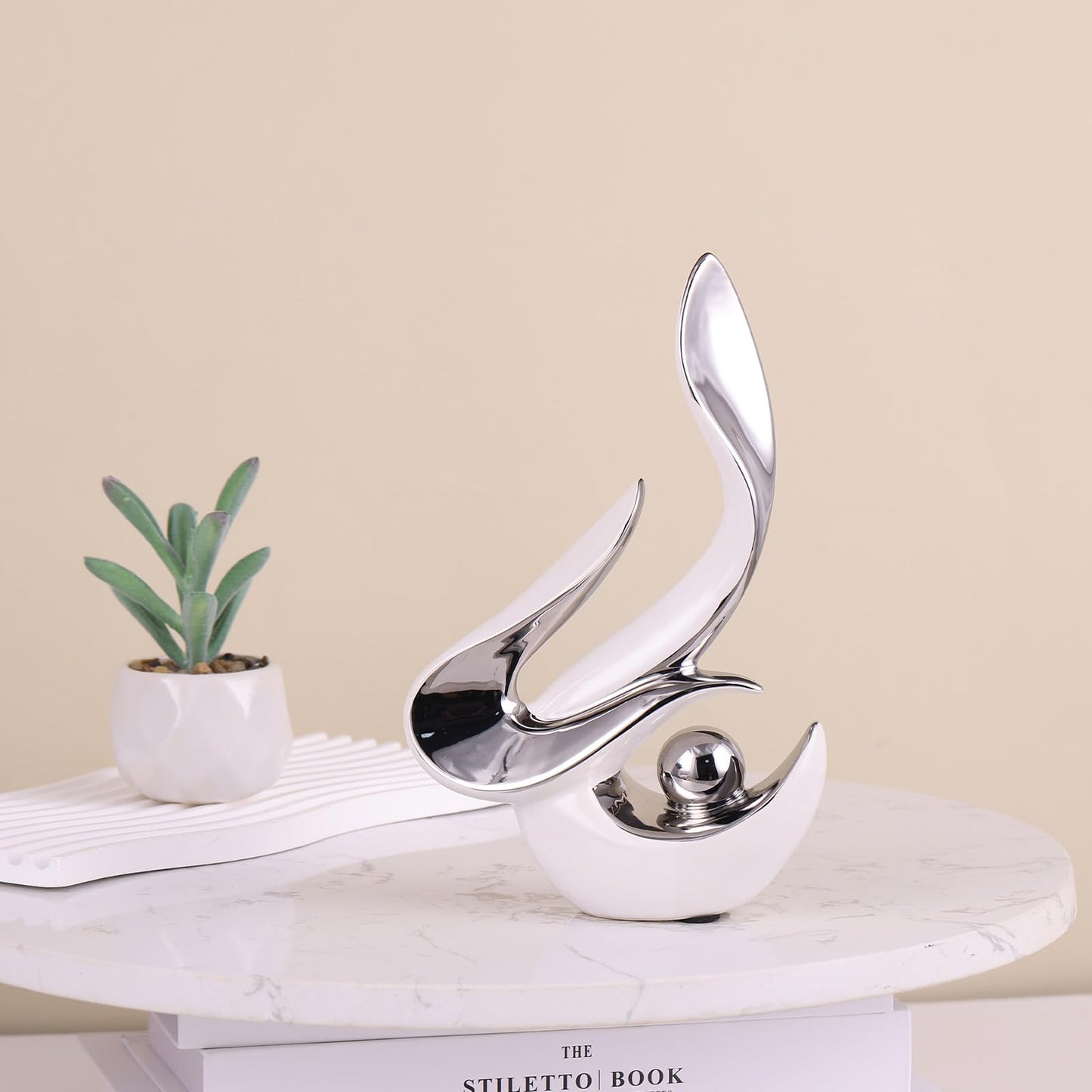 PlivBloom Silver Living Room Decor Table,Sculptures Home Decor,Modern Abstract Art,Dinner Table Centerpiece Decor,Ceramic Statue and Figurines Decorations Accent,Adorno Para Mesa Comedor(White Silver)
