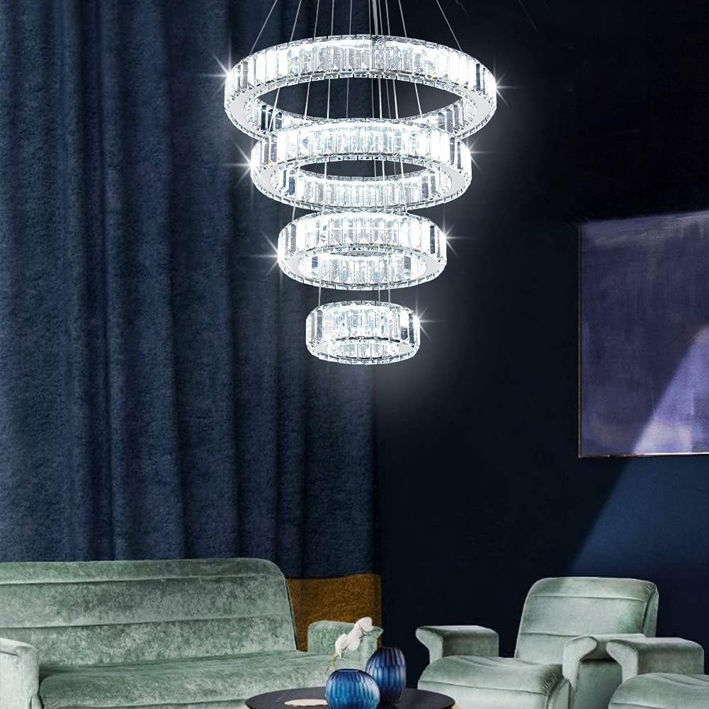 CLAIRDAI Modern 4 Ring Crystal Chandelier, LED Pendant Light Fixture, Cool White K9 Crystal Ceiling Light for Dining Room, Living Room, Bedroom