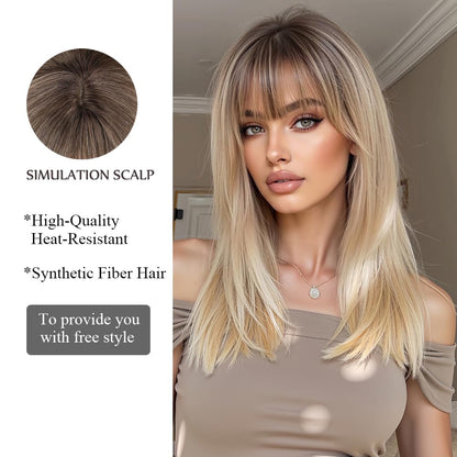 OUFEI Ombre Blonde Wigs for Women Medium Length Long Straight Wig with Bangs Synthetic Hair Heat Resistant Wigs for Everyday Party Cosplay Wear