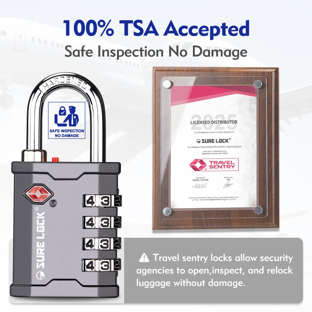SURE LOCK TSA Accepted 4 Dig Heavy Duty Big Combination Luggage Padlock All Metal Travel Lock for Equipment Hard Case Luggage Gun Case Gym Locker Pelican Vault Lock (2, Grey)
