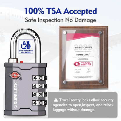 SURE LOCK TSA Accepted 4 Dig Heavy Duty Big Combination Luggage Padlock All Metal Travel Lock for Equipment Hard Case Luggage Gun Case Gym Locker Pelican Vault Lock (2, Grey)