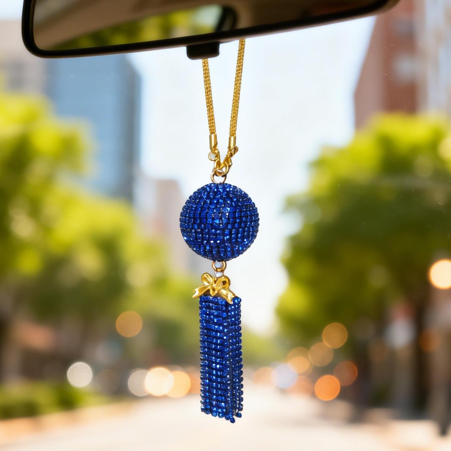 Bling Rear View Mirror Ornament for Women - Sparkling Crystal Ball with Rhinestone Tassel, Girly Cute Car Mirror Hanging Pendant Decor Accessories (Dark Blue)