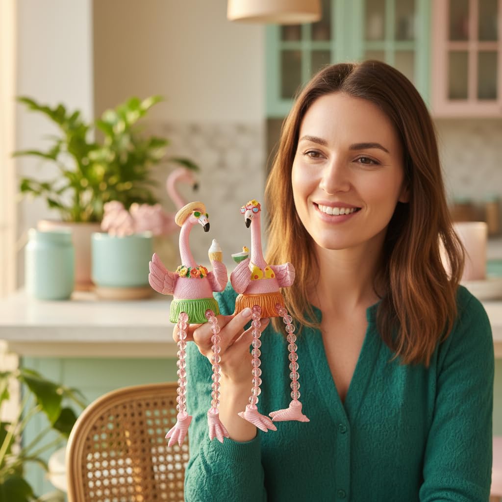 DiliComing Flamingo Decor Pink Gifts Statue - 2 Pcs Resin Collectible Figurine for Summer Tropical Home Decor Valentine Bathroom Yard Party Decorations 7.5 Inches Shelf Sitter with Dangling Legs