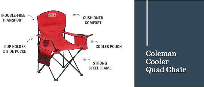 Coleman Portable Camping Chair with 4-Can Cooler, Cushioned Seat & Back with Side Pockets & Cup Holder, Carry Bag Included, Great for Camping, Tailgating, Firepits, Patio, & More