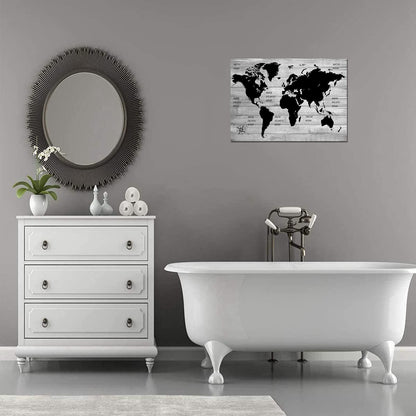 TAOMI World Map Wood Grain Grey Wall Art Black and White Artwork for Office Home Bedroom Decoration Map of the World Canvas Classroom Living Room Wall Décor Frame 12x16inch