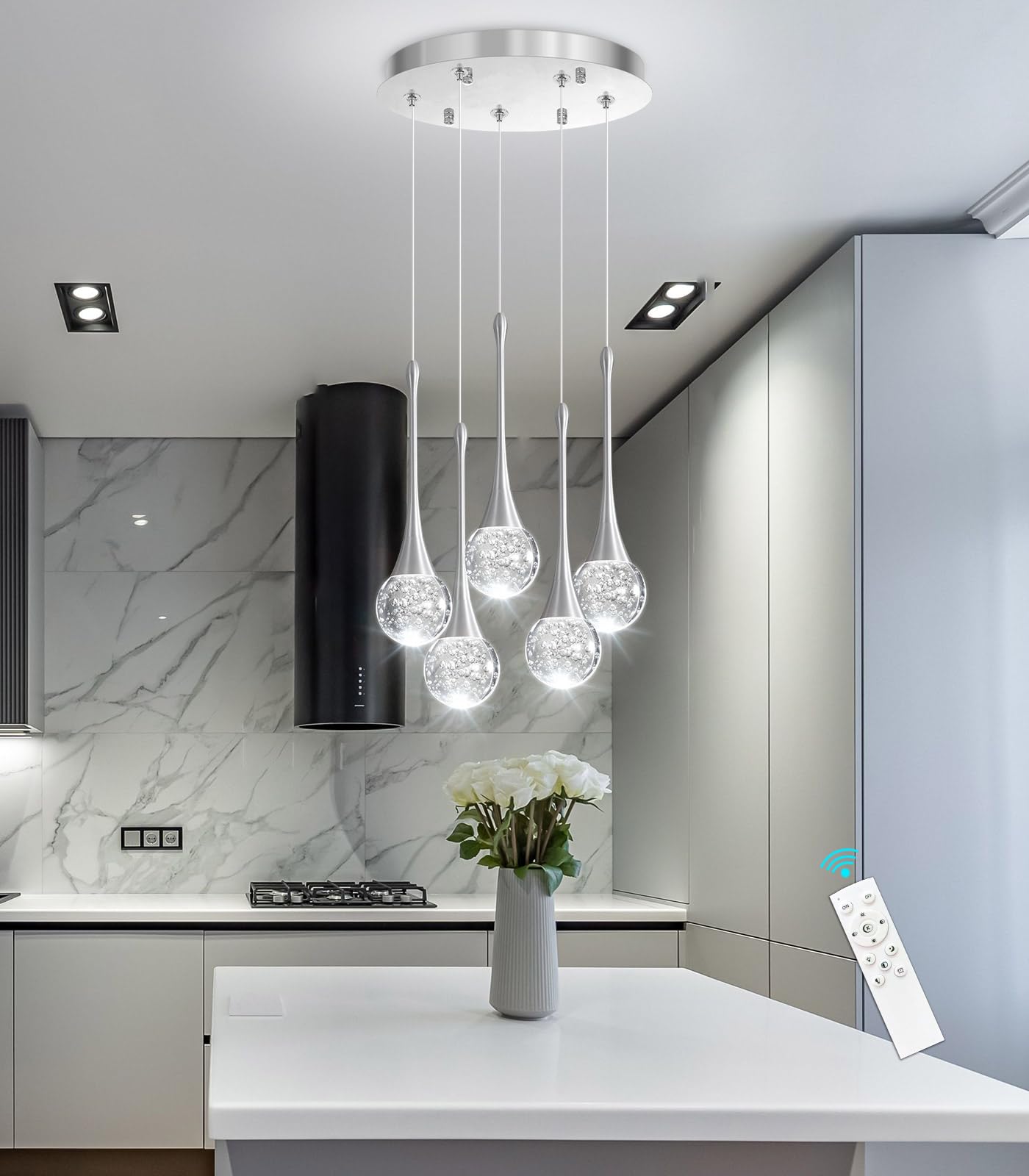 cenzoz 5-Lights Modern Pendant Lights for Kitchen Island LED Dimmable Chandelier Crystal Glam Ceiling Pendant Lighting for Dining Room Hallway Bedroom Lamp Brushed Nickel
