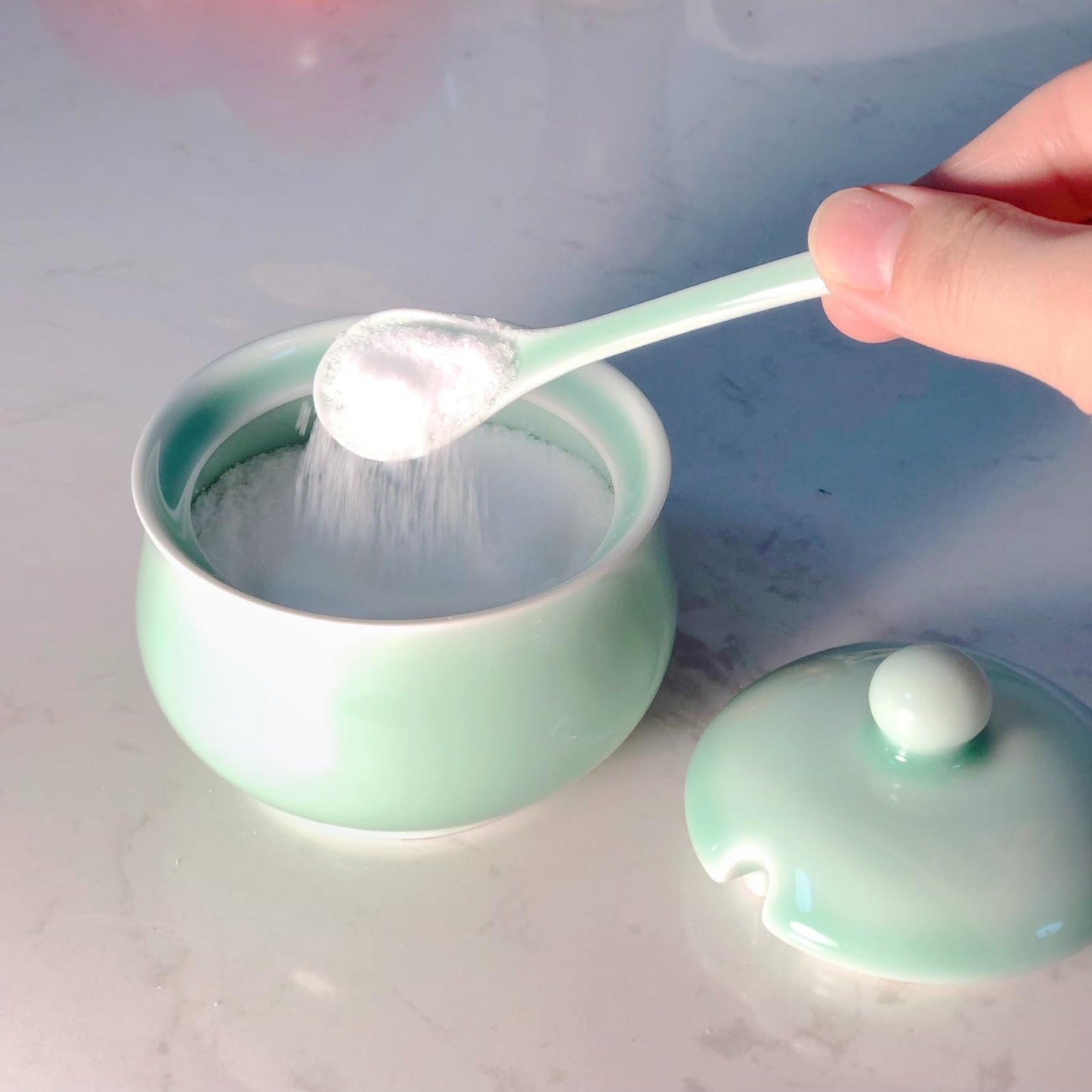 Tingyework Porcelain Salt Cellar with Lid and Spoon, 4.4 oz Salt Container Sugar Bowl for Spice & Seasonings, Elegant Kitchen Counter Decor, Chinese Celadon (Light Green)