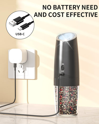 CIRCLE JOY Gravity Electric Salt and Pepper Grinder Set Rechargeable Salt and Pepper Shakers Automatic Mill Grinder with White LED Light, Adjustable Coarseness, Washable 135ml Container, Black