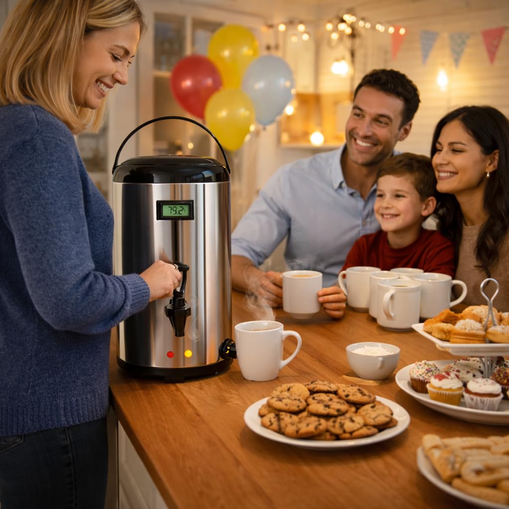 Electric Hot Drink Dispenser with Temperature Display & 304 Stainless Steel Heating Plate, 12L / 3.2 Gallon Heated Beverage Dispenser with Spigot for Milk Tea, Coffee & Water