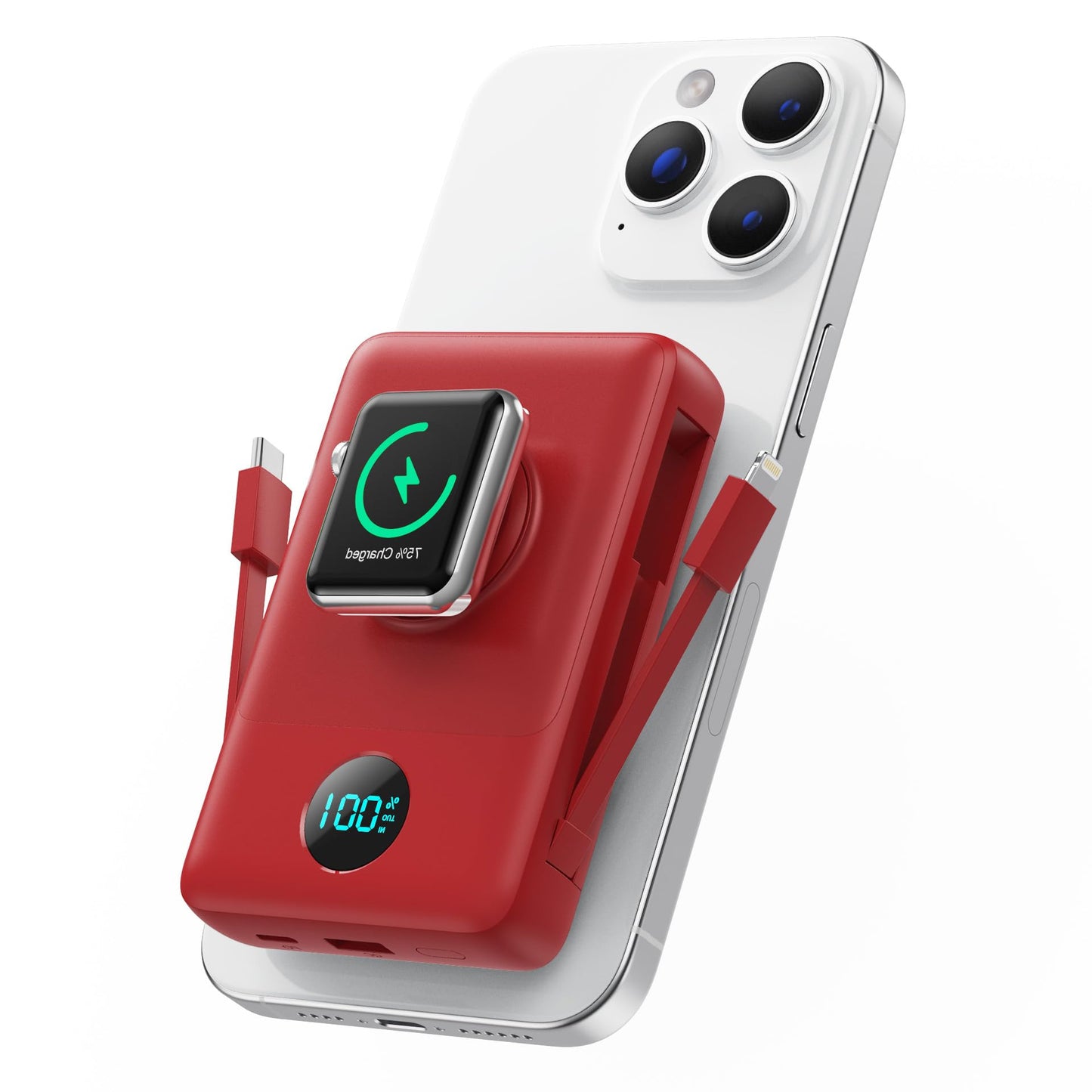 Magnetic Portable Charger for iPhone with Built-in Cables, 6-in-1 10800mAh Power Bank with iWatch Charger & LCD Display,25W PD Fast Charging Battery Pack for Magsafe,iPhone 16/15/14/13/12,Apple Watch