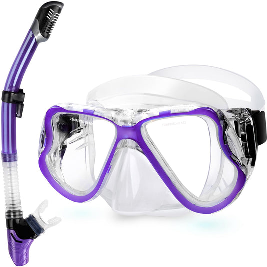 Greatever Dry Snorkel Set,Panoramic Wide View,Anti-Fog Scuba Diving Mask,Professional Snorkeling Gear for Adults
