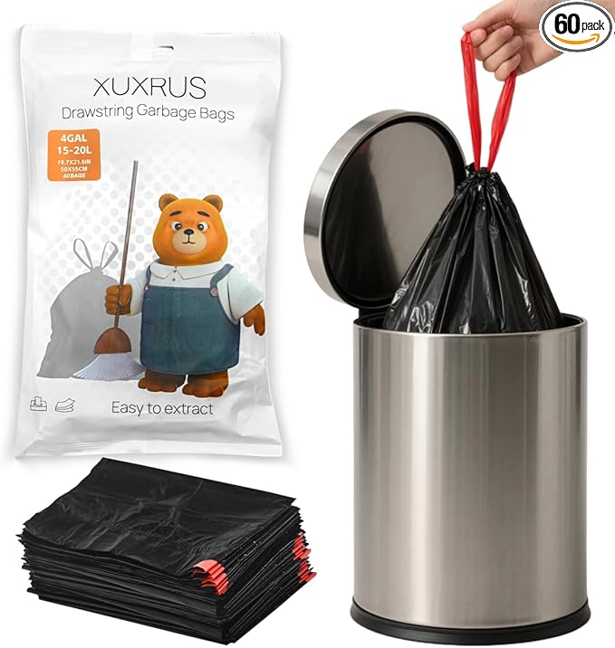 XUXRUS Small Black Bathroom Trash Bags 4 Gallon Drawstring Garbage Bags
