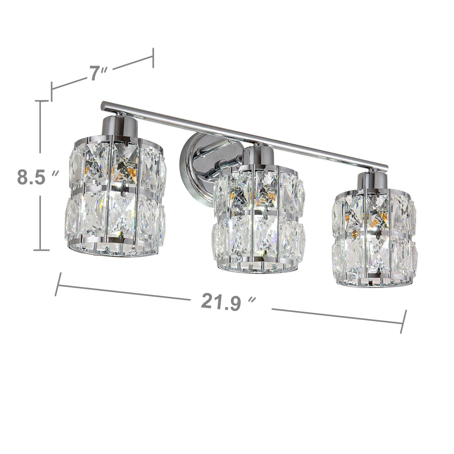 CALDION 3-Light Crystal Wall Lights Bathroom Vanity Light Fixtures, Modern Chrome Vanity Lighting Over Mirror Crystal Wall Sconces Lighting for Bedroom Restroom Bath Cabinet Powder Room, E26 Base