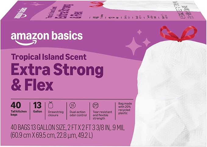 Amazon Basics Extra Strong & Flex Tall Kitchen Drawstring Trash Bags, Tropical