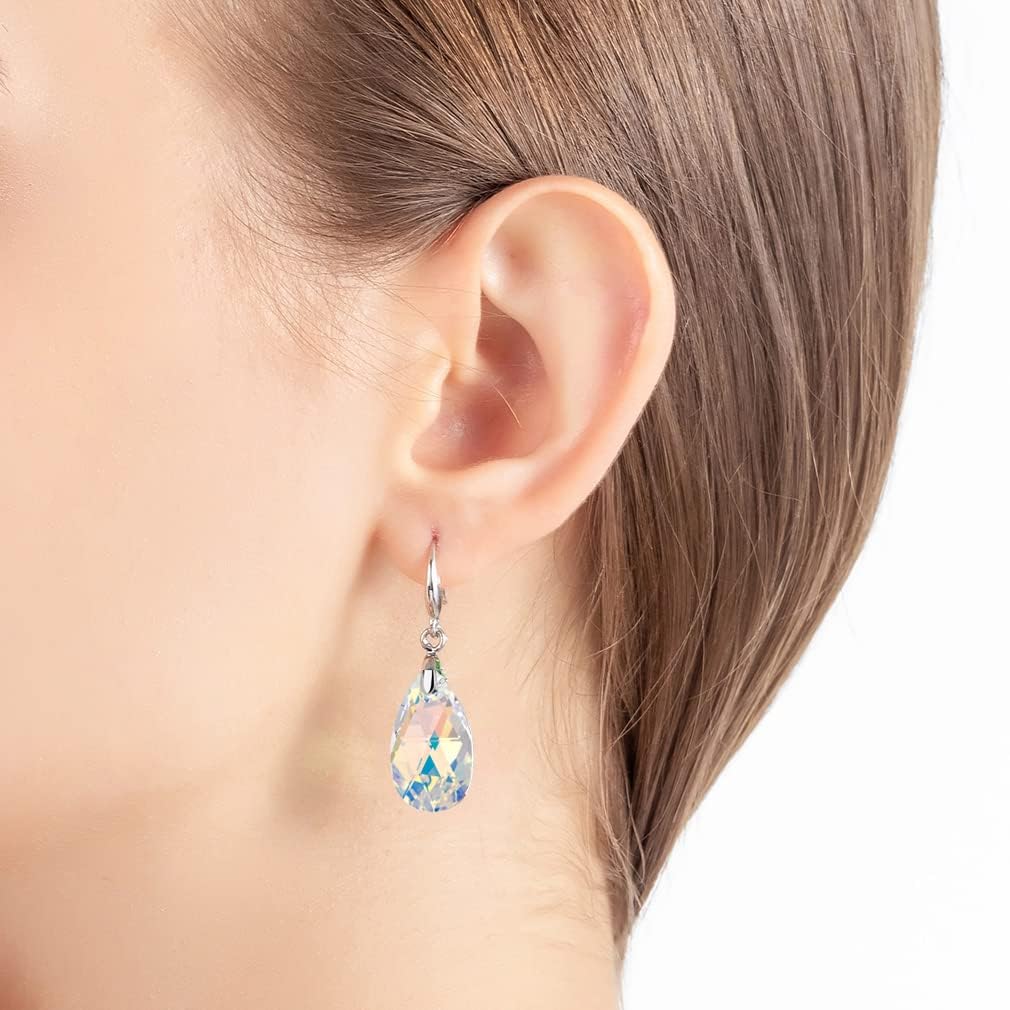 Austrian Crystal Teardrop Dangle Hook Earrings for Women 14K Gold Plated Hypoallergenic Jewelry (Aurora Borealis)