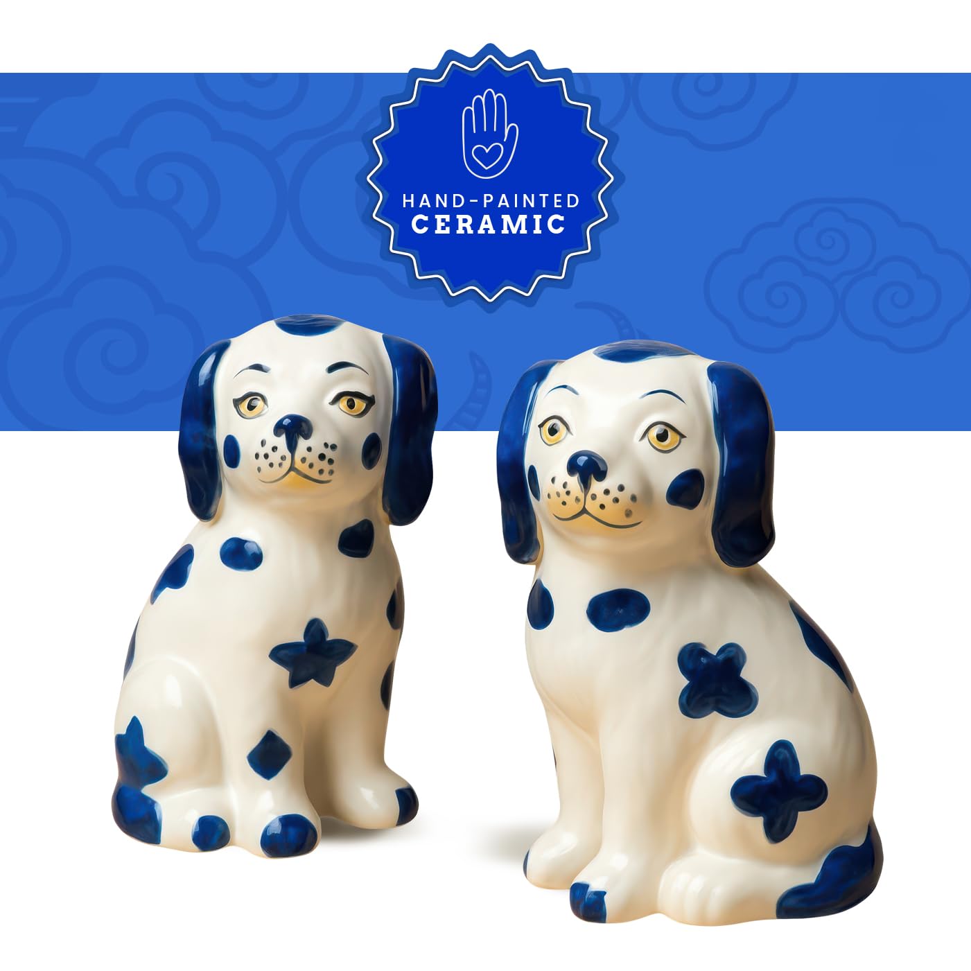 Staffordshire Dogs Chinoiserie Decor Blue Decorative Salt Pepper Shakers Set - Hand-Painted Ceramic