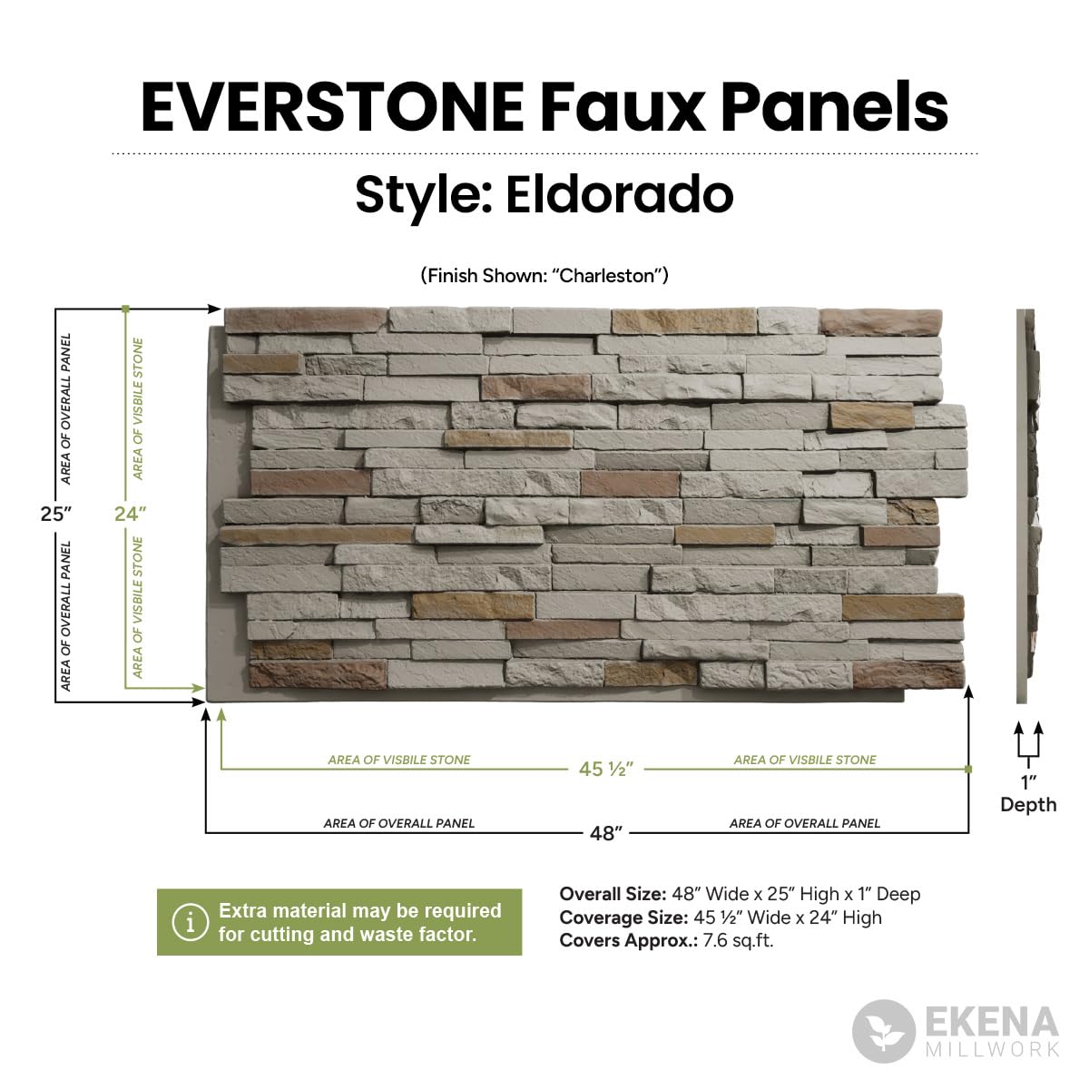 EverStone Eldorado Faux Stone Panel, 48"W x 25"H x 1"D, Harbor Mist Color