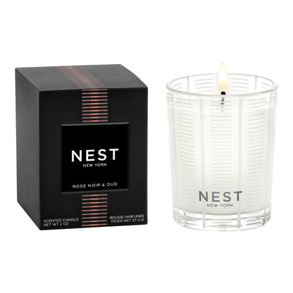 NEST New York Scented Votive Candle, Rose Noir & Oud - 2 oz - Up to 28-Hour Burn Time - Reusable Glass Vessel