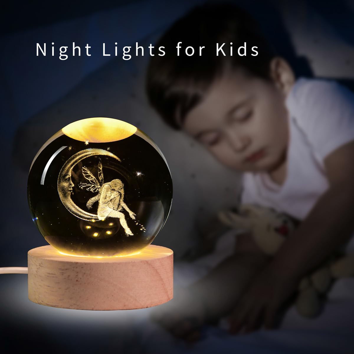 QIANCHANG 3D Fairy Crystal Ball with LED Stand, Fairies Figurines Lamp Night Light, Fairy Moon Decor Glass Sphere Balls Gifts for Women Girls Mom Kids(60mm)