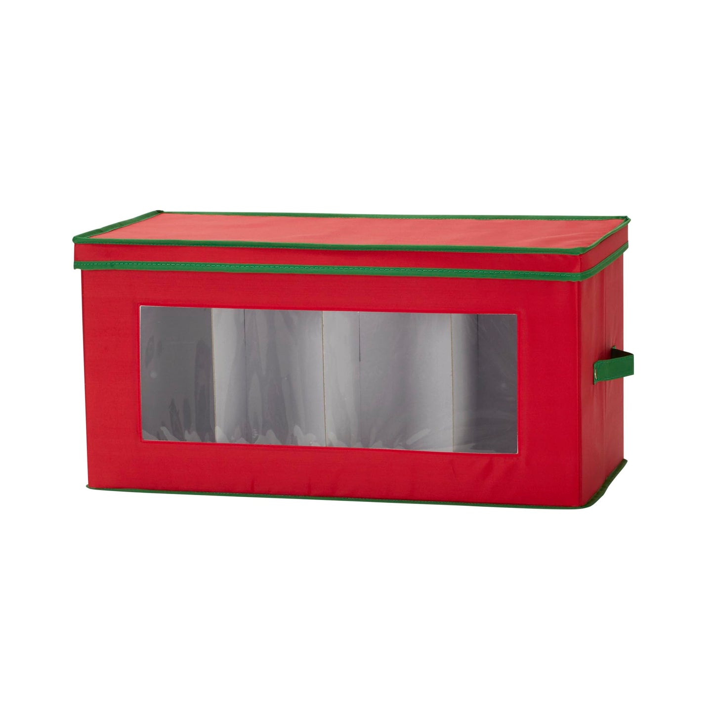 Household Essentials Holiday Figurine Storage Box, Windowed Storage with Lid, 8 Storage Compartments, Double Handles, Red with Green Trim