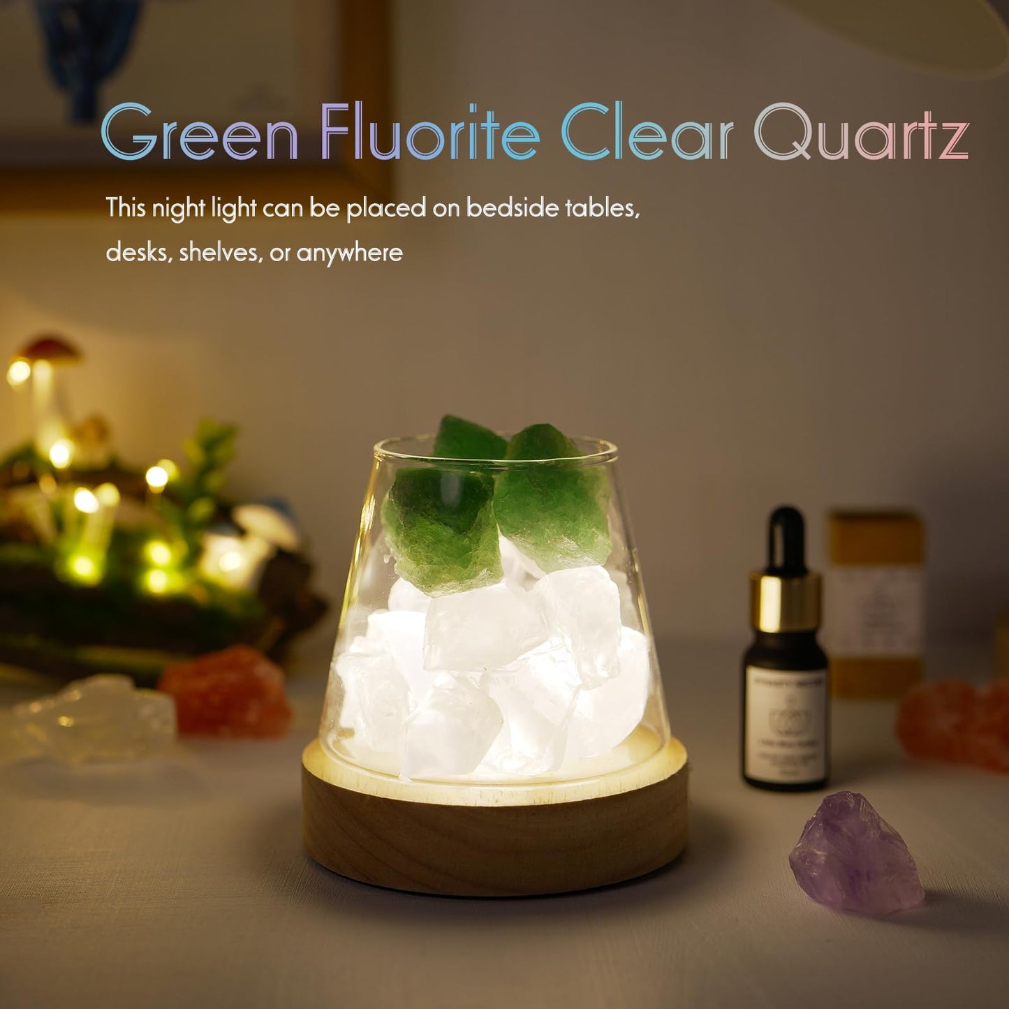 Runyangshi Runyansghi Green Fluorite Clear Quartz Night Lamp Natural Healing Crystal Atmosphere Lamp with Remote Control Bedside Lamp USB Port 7 Colours Dimming Mode Bedroom Lamp Home Decor Gift