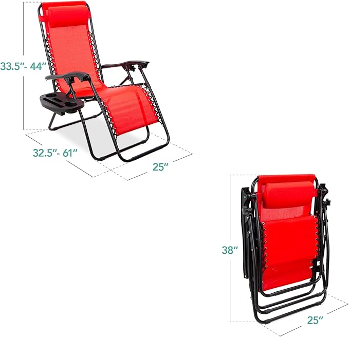 Best Choice Products Set of 2 Adjustable Steel Mesh Zero Gravity Lounge Chair Recliners w/Pillows and Cup Holder Trays - Crimson Red