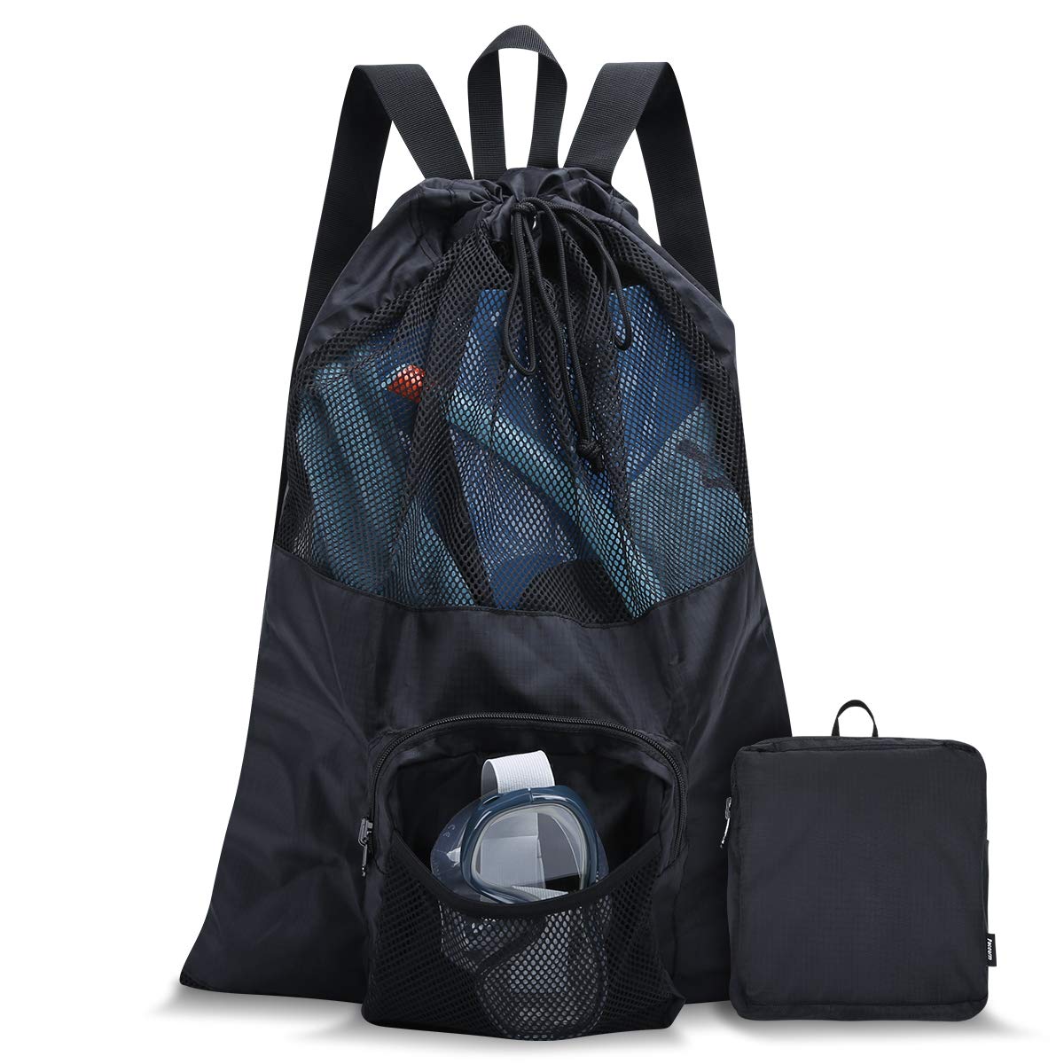 PACEARM Packable Swim Bag, Mesh Swim Drawstring Backpack with 35L Upgraded Capacity & Vented Design, Lightweight Swimmers Mesh Bag for Swimming Gear Snorkeling Equipment (Black)