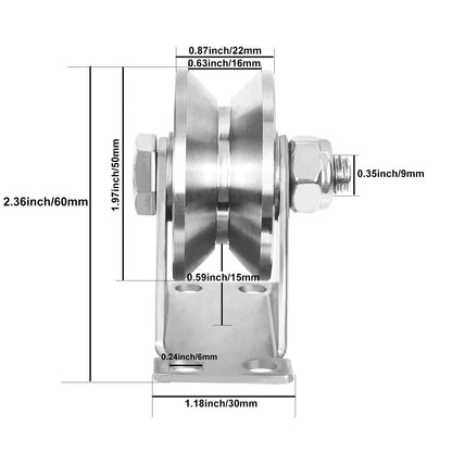 CertBuy 2 Pack 2 Inch V Groove Wheel Pulley, 304 Stainless Steel Silent Pulley Block, Heavy Duty Caster Wheels Sliding Gate Rollers Pressure Bearing Pulley, Loading 880lb for Handling and Moving