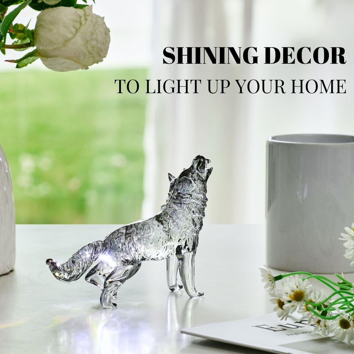 DLXK Crystal Glass Wolf Figurine Grey Howling Wolf Statue Hand Blown Glass Animal Sculpture Collectible Paperweight