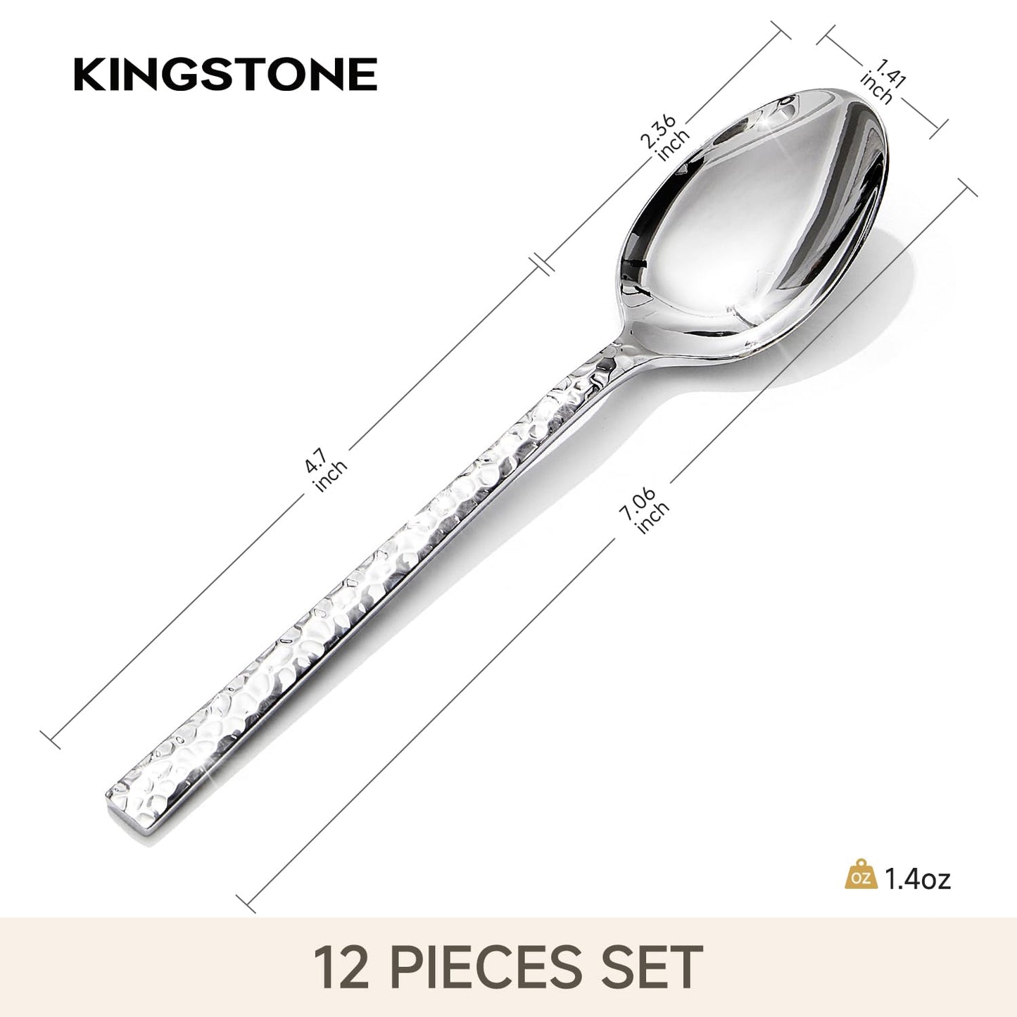 KINGSTONE 12-Piece Hammered Teaspoons Set, 7.06-Inch 18/10 Stainless Steel Tea Spoons, Mirror Finish Small Dessert Spoons, Dishwasher Safe for Home and Kitchen
