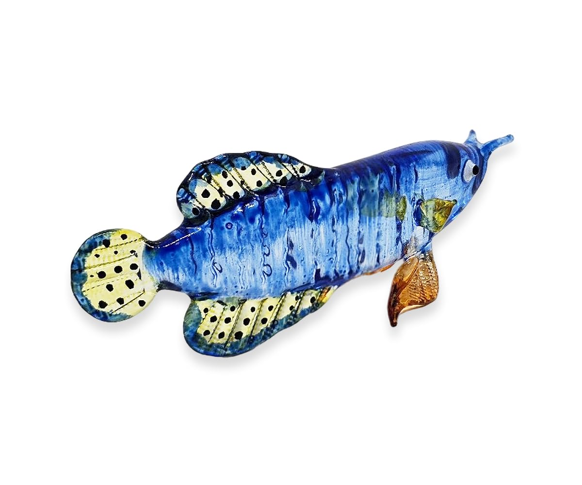WitnyStore 4" Dark Blue Yellow Arowana Fish Artistic Blown Glass Figurine Premium Hand-Blown Statue Tabletop Decoration Unique Collectible for Adult Collectors Handcrafted Elegant Home Room Decor
