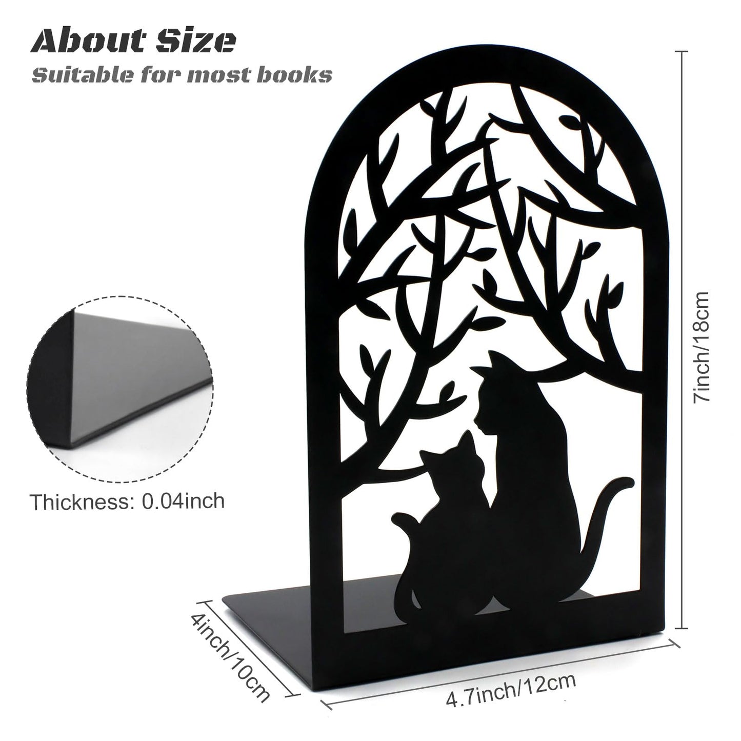Book Ends, Bookends, Metal Bookend, Cat Decorative Bookends, Bookends for Shelves, Home Decorative Bookends for Heavy Books, Black Non-Skid Book Stopper, 7 x 4.7 x 4 inch (2 Pair)