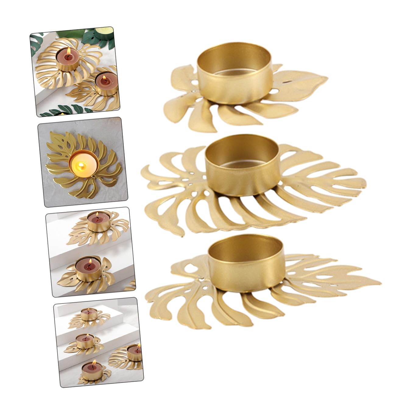 TEHAUX 3pcs Iron Monstera Leaf Candle Holders Tealight Stand Palm Leaf Design for Home Decor and Warm Ambient Lighting