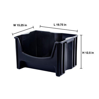Mighty Tuff Jumbo Stackable Storage Bins, Pack of 3, Easy-Access Storage, Large Easy-to-Grip Handles, Wide Front Opening, Interlocking, Stack Vertically, Black