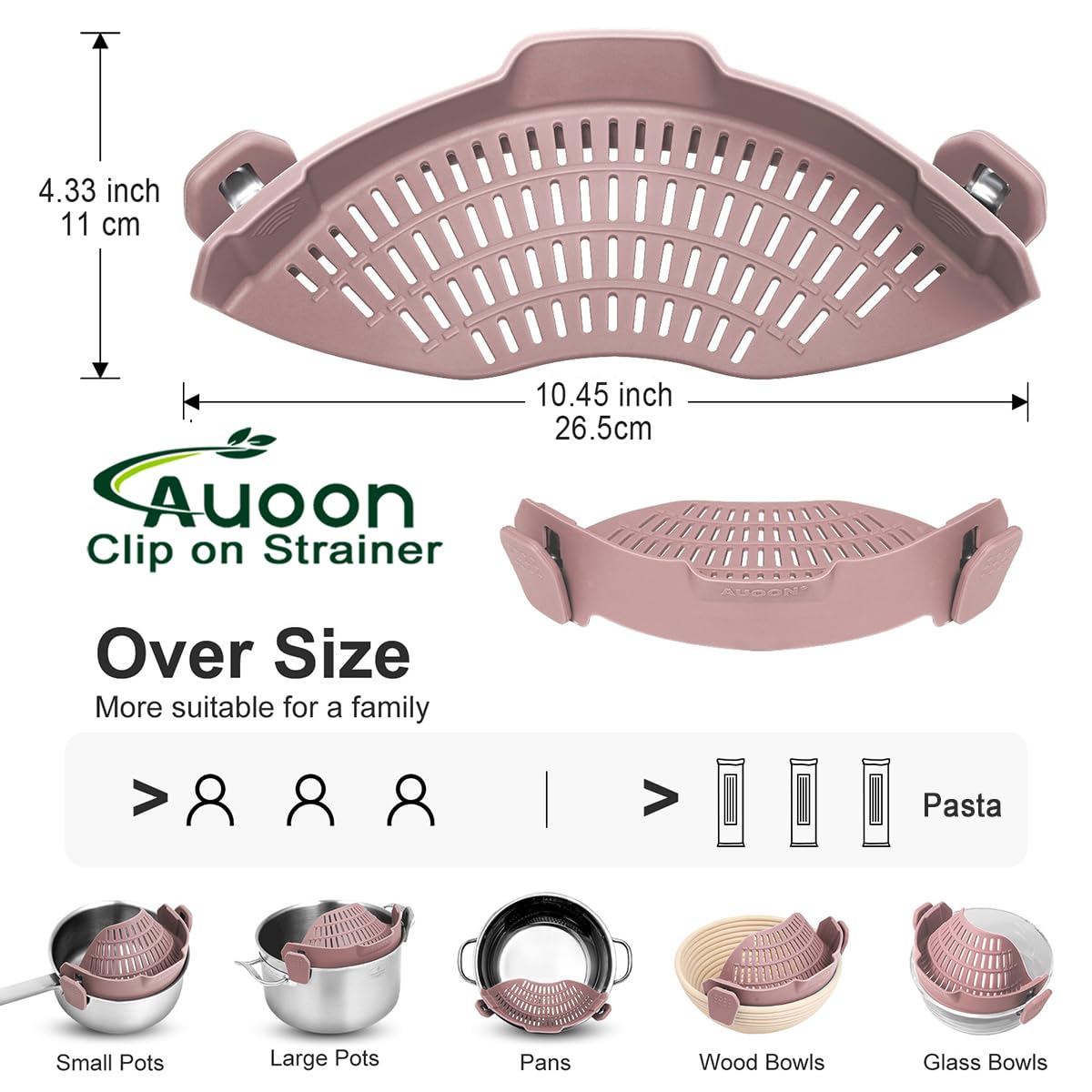 AUOON Clip On Strainer Silicone for All Pots and Pans, Pasta Strainer Clip on Food Strainer for Meat Vegetables Fruit Silicone Kitchen Colander