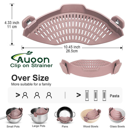 AUOON Clip On Strainer Silicone for All Pots and Pans, Pasta Strainer Clip on Food Strainer for Meat Vegetables Fruit Silicone Kitchen Colander