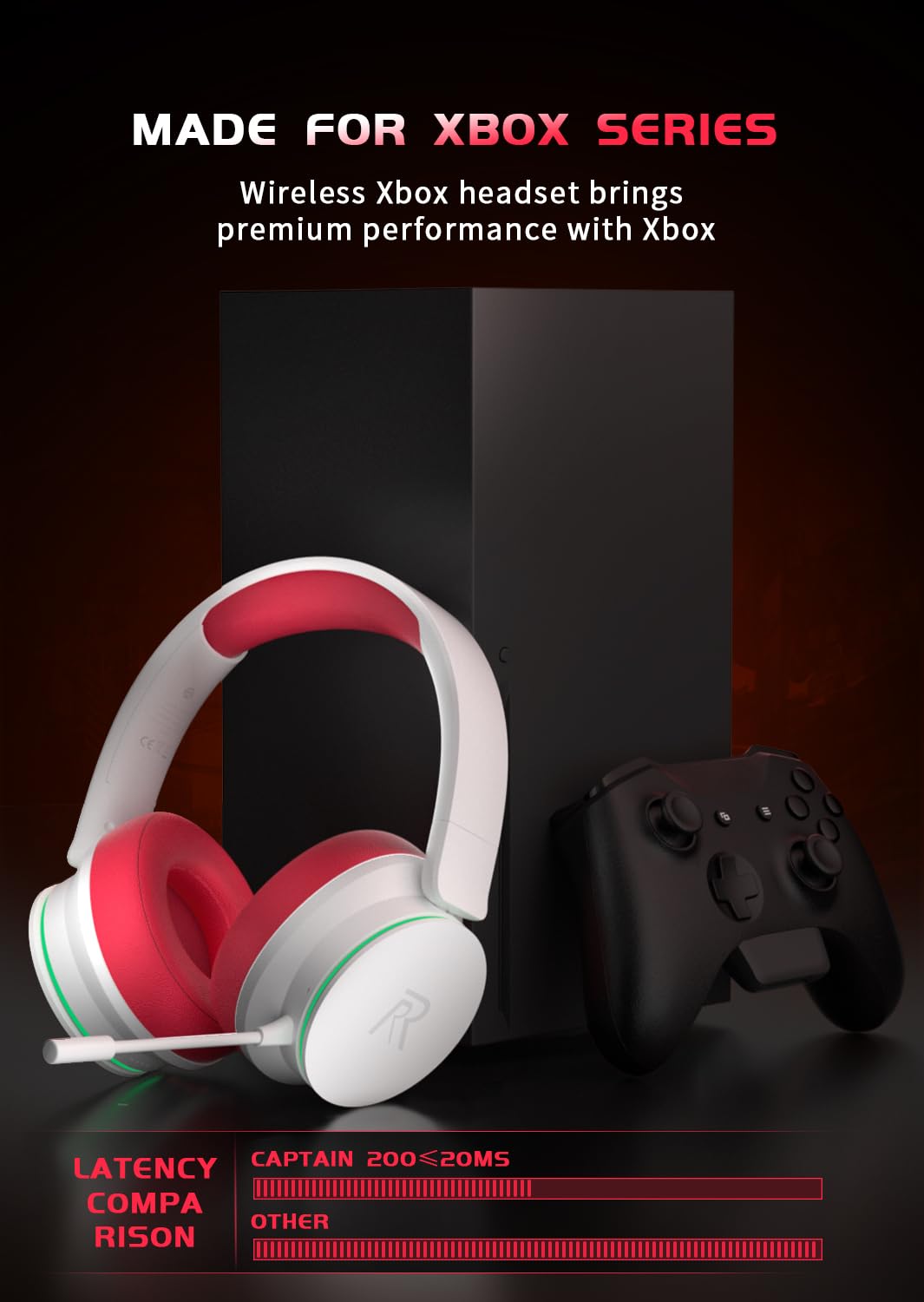 RYR Wireless Gaming Headset for Xbox Series X|S, Xbox One, PS5, PS4, Mac, Bluetooth 5.3, 3D Surround Sound, Rotatable Earmuffs, Gaming Headphones with Noise Canceling Microphones, White-Red